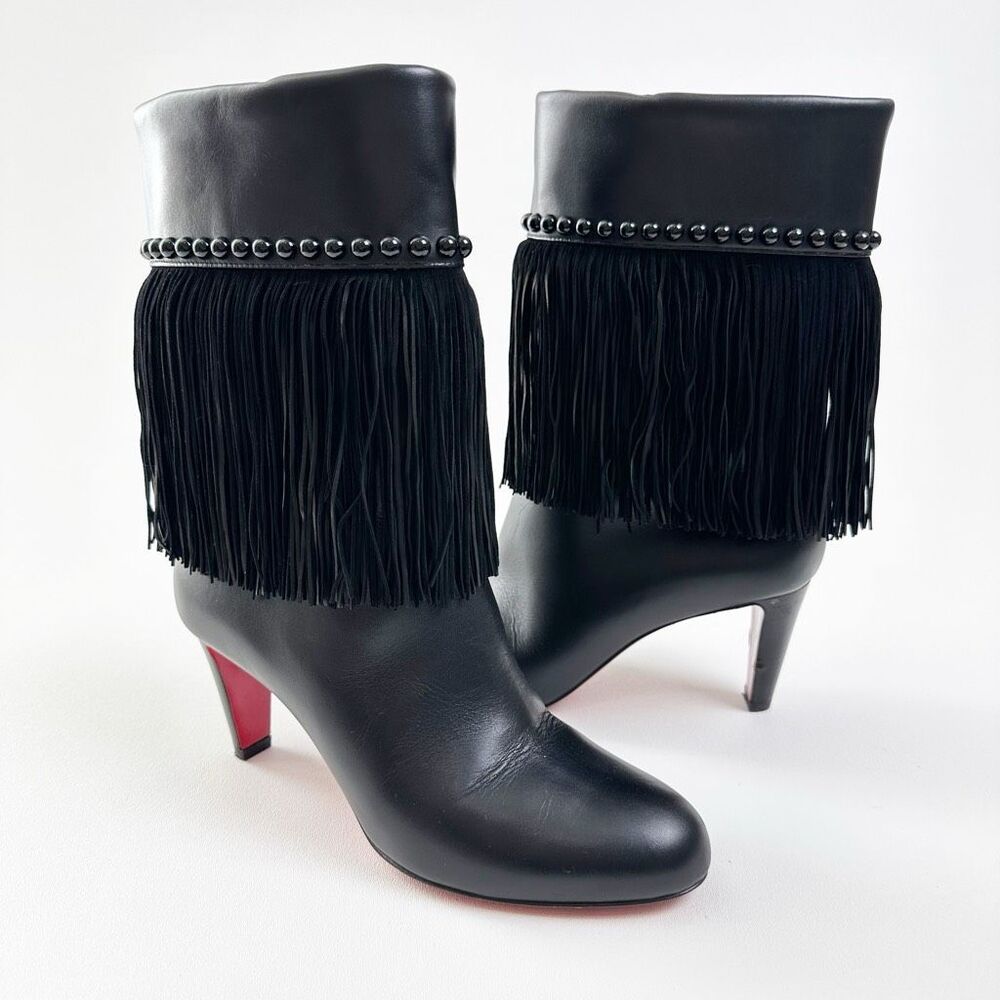 CHRISTIAN LOUBOUTIN Tudor Jo Fringe Black Bootie 39 US 8.5 Ankle Boots Studded